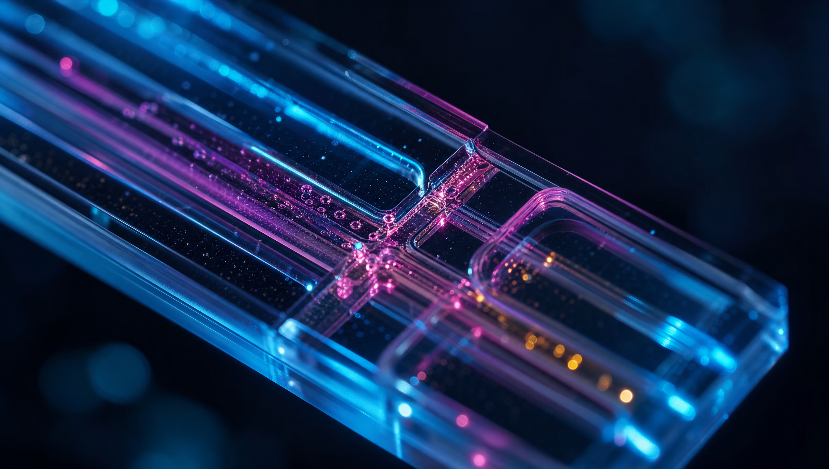 Macro view of a glass microfluidic flowcell under laser fluorescence